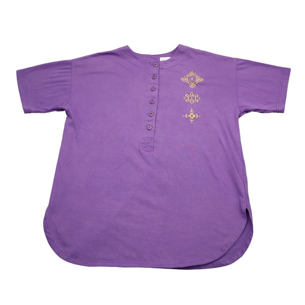 Bold Spirit Shirt Womens M Purple Crew Neck Chest Button Short Sleeve Top